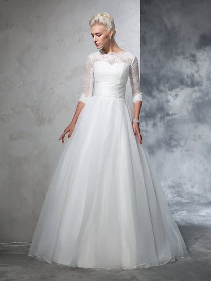 Wholesale Ball Gown Jewel Applique 3/4 Sleeves Long Organza Wedding Dresses