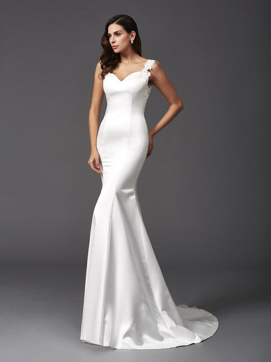 Wholesale Trumpet/Mermaid Straps Beading Sleeveless Long Satin Wedding Dresses