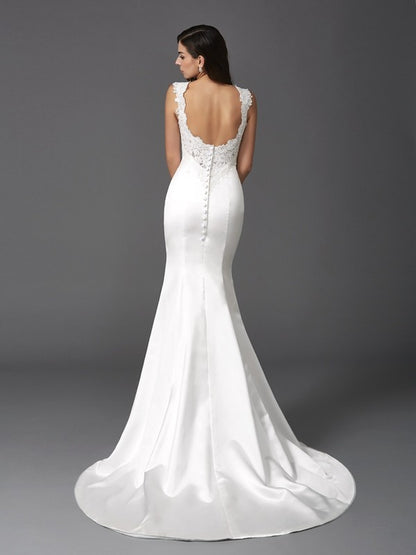 Wholesale Trumpet/Mermaid Straps Beading Sleeveless Long Satin Wedding Dresses