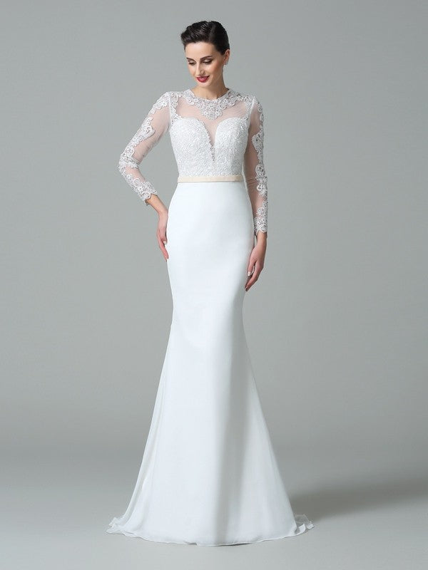 Wholesale Trumpet/Mermaid Jewel Lace Long Sleeves Long Chiffon Wedding Dresses