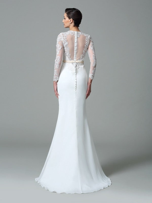 Wholesale Trumpet/Mermaid Jewel Lace Long Sleeves Long Chiffon Wedding Dresses