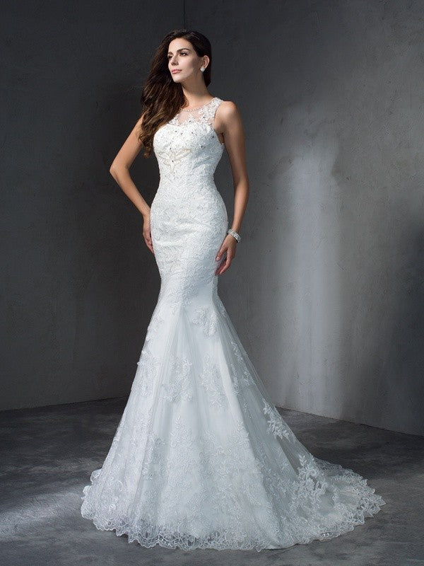 Wholesale Trumpet/Mermaid Scoop Applique Sleeveless Long Lace Wedding Dresses