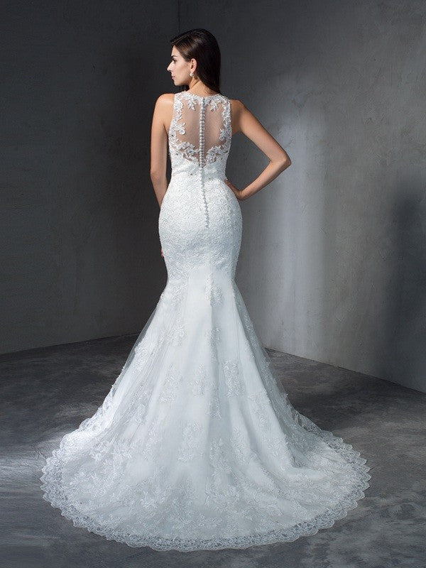 Wholesale Trumpet/Mermaid Scoop Applique Sleeveless Long Lace Wedding Dresses