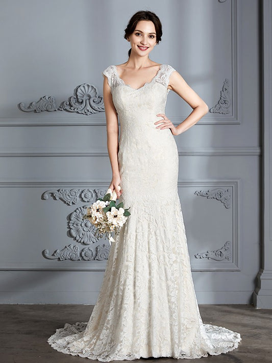 Wholesale Trumpet/Mermaid Sleeveless V-Neck Lace Sweep/Brush Train Wedding Dresses