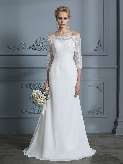 Wholesale Trumpet/Mermaid 1/2 Sleeves Off-the-Shoulder Sweep/Brush Train Chiffon Wedding Dresses