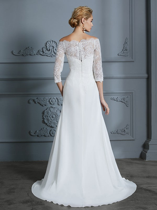 Wholesale Trumpet/Mermaid 1/2 Sleeves Off-the-Shoulder Sweep/Brush Train Chiffon Wedding Dresses