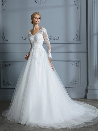 Wholesale Ball Gown V-neck Long Sleeves Court Train Lace Tulle Wedding Dresses