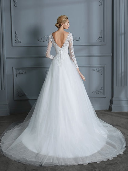 Wholesale Ball Gown V-neck Long Sleeves Court Train Lace Tulle Wedding Dresses