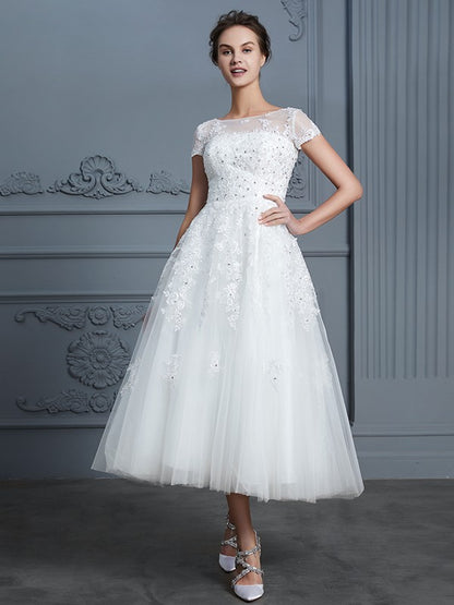 Wholesale A-Line/Princess Scoop Short Sleeves Tea-Length Beading Tulle Wedding Dresses