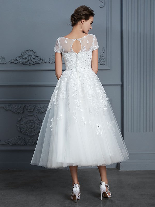 Wholesale A-Line/Princess Scoop Short Sleeves Tea-Length Beading Tulle Wedding Dresses