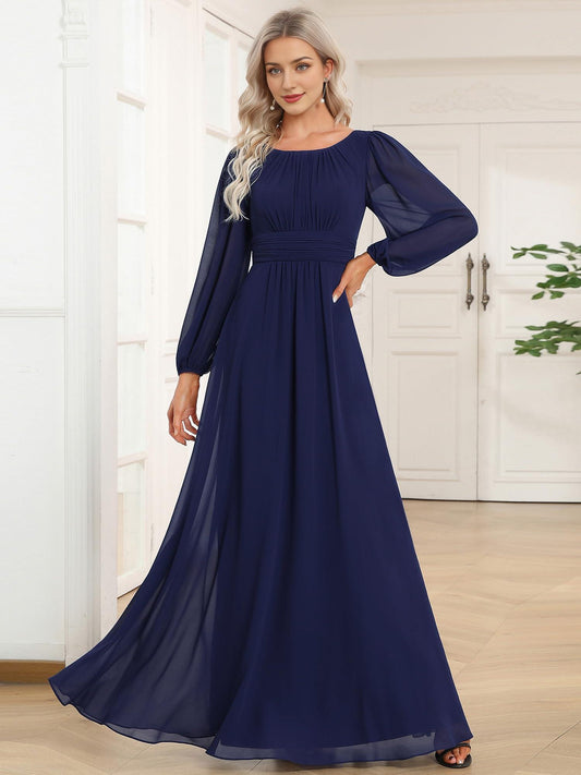 Wholesale Women's Crewneck Lantern Sleeves A-Line Pleated Chiffon Maxi Formal Dress prom dress shop