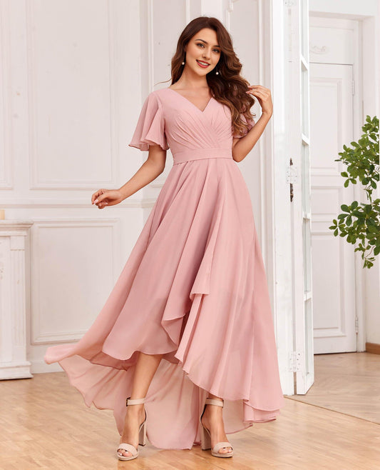 Wholesale Women's V Neck Bridesmaid Dresses with Sleeves Chiffon A-Line Pleated High Low Formal Gown prom dress shop