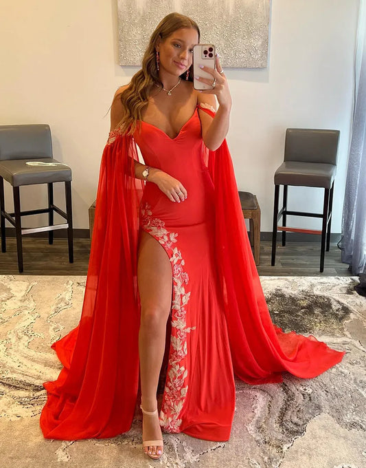 Wholesale Classic Red V-Neck Cloak Prom Dress With Split prom dresses shops