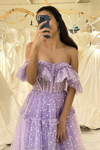 Wholesale Lilac Polka Dot Tulle A Line Off the Shoulder Lace Up Long Prom Dress prom dresses shops