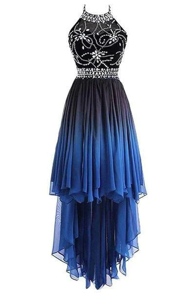 Wholesale A Line Halter Beaded Blue High Low Chiffon Ombre Lace up Long Prom Dresses