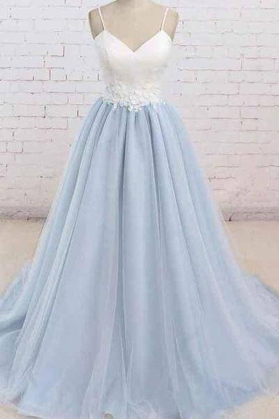 Wholesale A Line Light Blue Spaghetti Straps Prom Dresses Sweetheart Long Evening Dresses