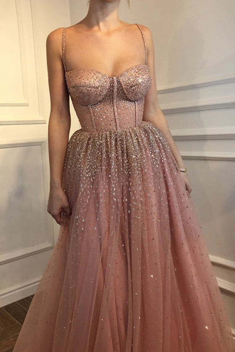 Wholesale A-Line Sleeveless Spaghetti Straps Floor-Length Rhinestone Tulle Dresses Evening Dress