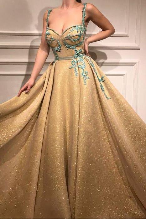 Wholesale A Line Spaghetti Straps Sweetheart Gold Rhinestone Sparkly Appliques Prom Dresses