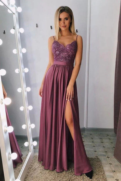 Wholesale A Line Spaghetti Straps V Neck Purple Lace Side Slit Prom Dresses Dresses