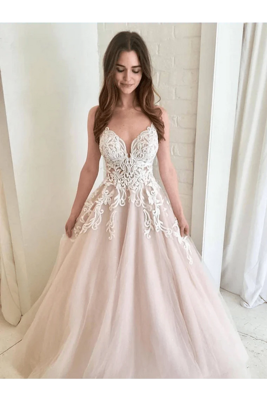 Wholesale A Line V Neck Champagne Tulle Prom Dresses Wedding Dress Formal Dresses