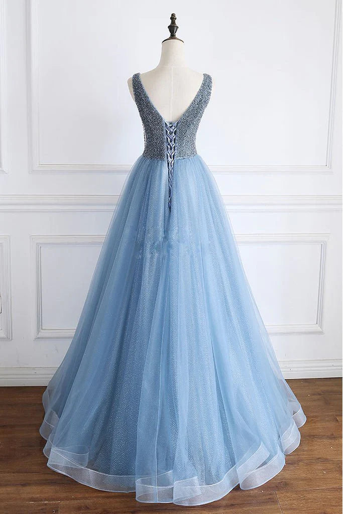 Wholesale A Line V Neck Powder Blue V Back Prom Dress with Beading Evening Dress