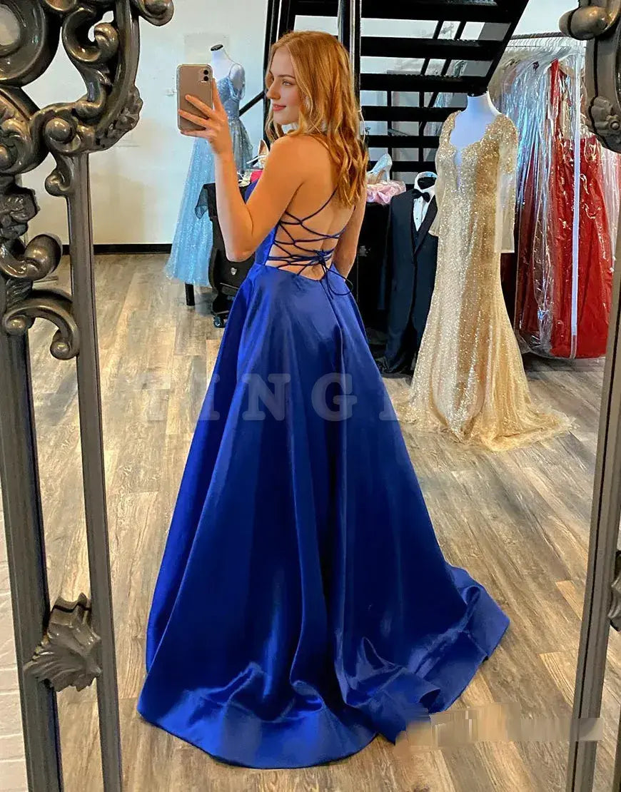 Wholesale A-Line Royal Blue Satin Spaghetti Straps Long Prom Dress prom dress stores formal wear dresses