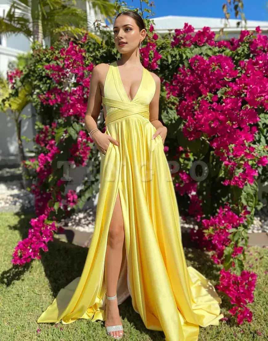 Wholesale A-Line Satin V Neck Long Prom Dress formal wear dresses prom dress in store