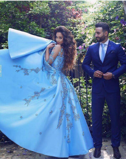 Wholesale A line Blue Half Sleeve Satin Beads Prom Dresses Sweetheart Lace Appliques Formal Dress