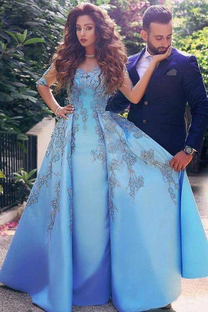 Wholesale A line Blue Half Sleeve Satin Beads Prom Dresses Sweetheart Lace Appliques Formal Dress