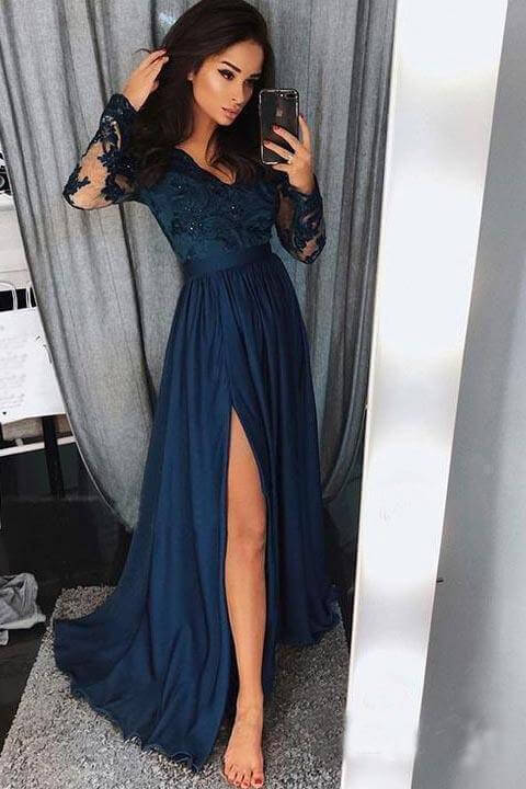 Wholesale A line Long Sleeve V Neck Prom Dresses Slit Long Evening Dresses