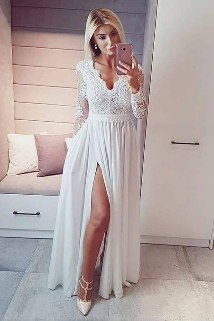 Wholesale A line Long Sleeve V Neck Prom Dresses Slit Long Evening Dresses