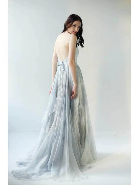 Wholesale A line Tulle Ombre Deep V Neck Spaghetti Straps Blue Prom Dresses Evening Dresses