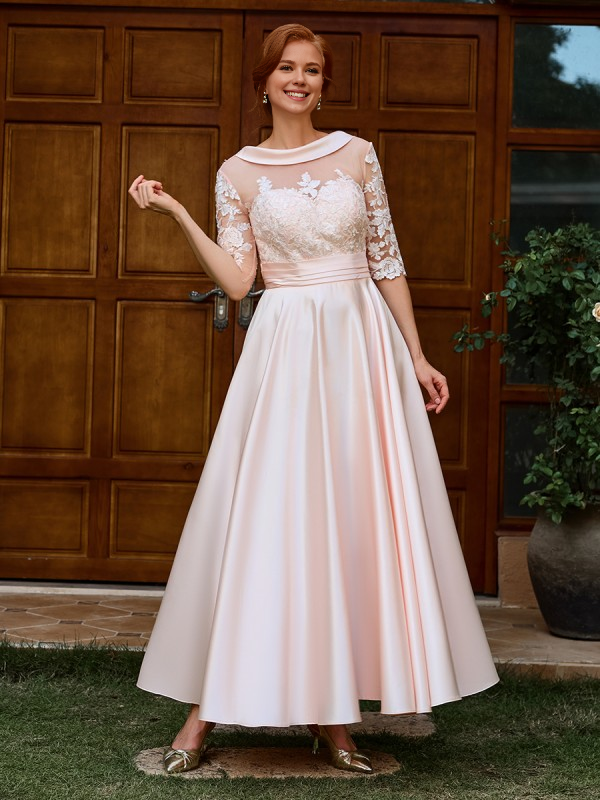 TingPo Wholesale A-line Appliques Lace Ankle-Length Satin Mother of the Bride Dress 1/2 Sleeves