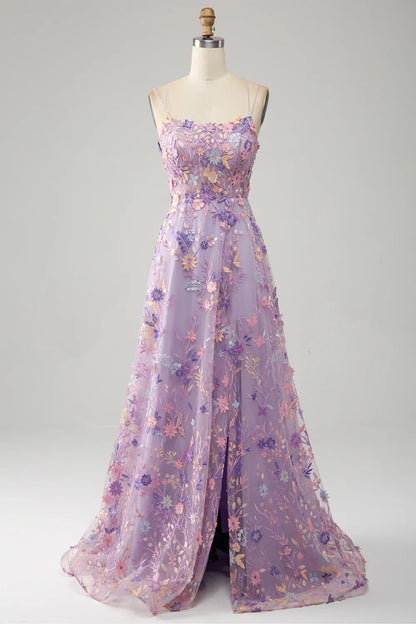 TingPo Wholesale A Line Spaghetti Straps Front Slit Tulle Mauve Prom Dress With Embroidery
