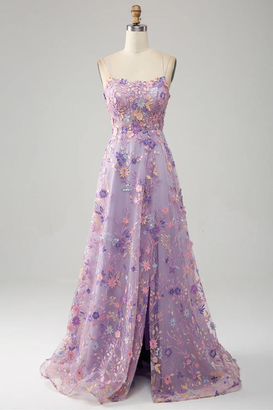 TingPo Wholesale A Line Spaghetti Straps Front Slit Tulle Mauve Prom Dress With Embroidery