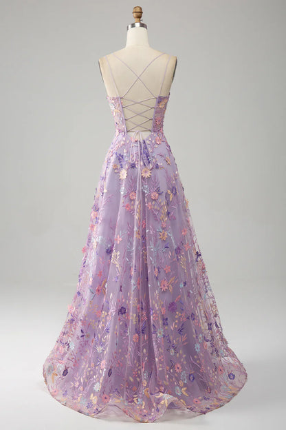 TingPo Wholesale A Line Spaghetti Straps Front Slit Tulle Mauve Prom Dress With Embroidery