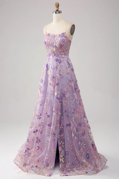 TingPo Wholesale A Line Spaghetti Straps Front Slit Tulle Mauve Prom Dress With Embroidery