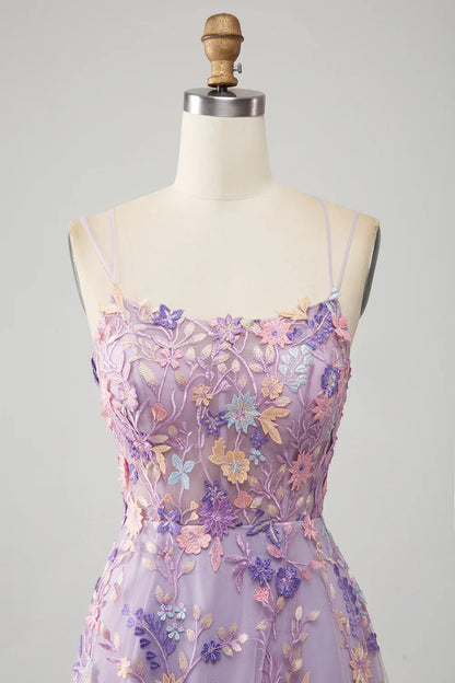 TingPo Wholesale A Line Spaghetti Straps Front Slit Tulle Mauve Prom Dress With Embroidery