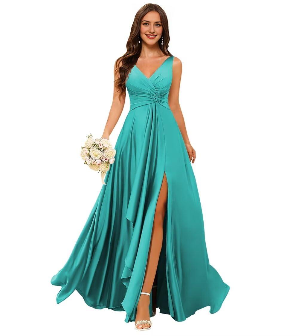 Wholesale Stylefun Double V Neck Satin Bridesmaid Dresses for Women Long Ruffled Split A-line Formal Party Dresses prom dresses shops