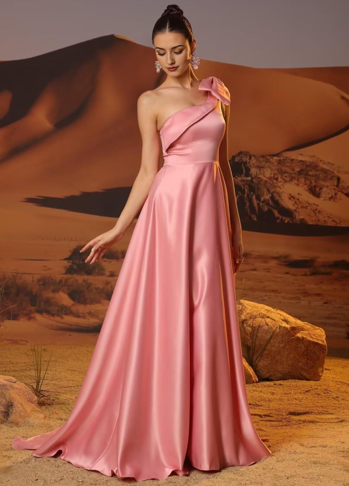 Wholesale One Shoulder Satin Prom Dresses with Bow Satin Bridesmiad Dress Split Long Formal Evening Gown