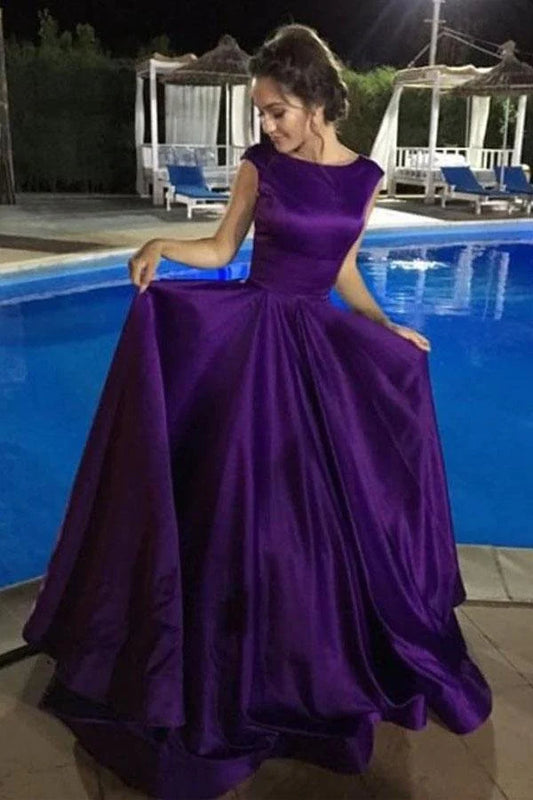 Wholesale Ball Gown Satin Sleeveless Bateau Purple Backless Prom Dresses