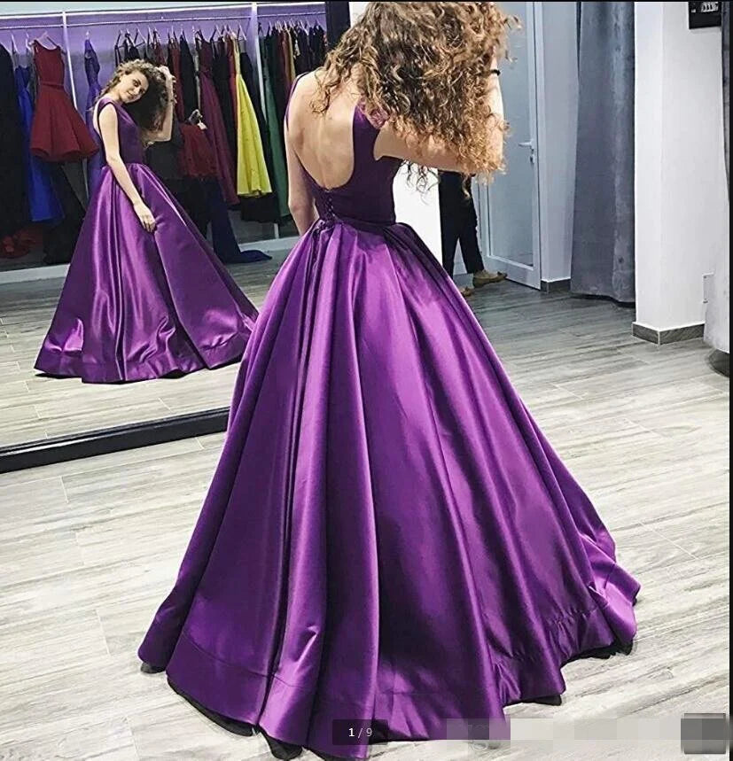 Wholesale Ball Gown Satin Sleeveless Bateau Purple Backless Prom Dresses