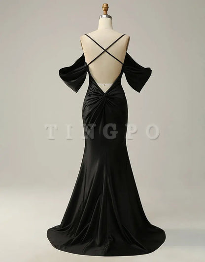 Wholesale Black Off The Shoulder Criss-Cross Back Long Satin Prom Dress prom dress in store