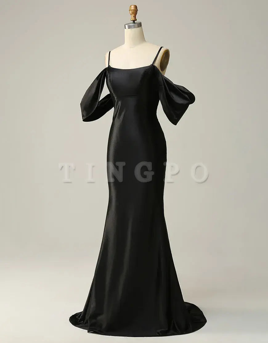 Wholesale Black Off The Shoulder Criss-Cross Back Long Satin Prom Dress prom dress in store