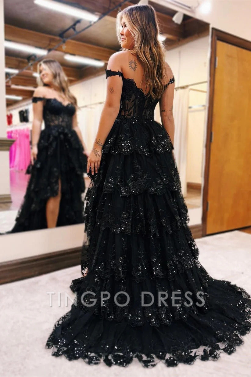 TingPo Wholesale Tulle Appliques Off-the-Shoulder Ruffle Long Prom Dress Sweetheart Tiered Skirt Corset Lace Formal Dresses