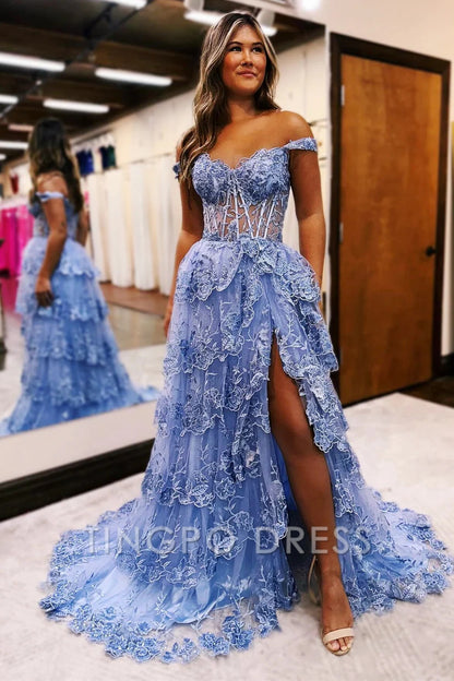 TingPo Wholesale Tulle Appliques Off-the-Shoulder Ruffle Long Prom Dress Sweetheart Tiered Skirt Corset Lace Formal Dresses