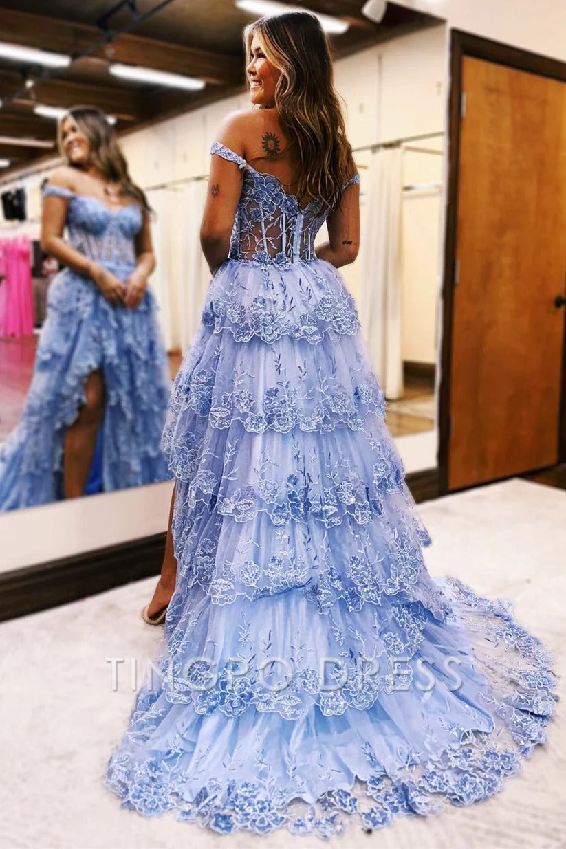 TingPo Wholesale Tulle Appliques Off-the-Shoulder Ruffle Long Prom Dress Sweetheart Tiered Skirt Corset Lace Formal Dresses