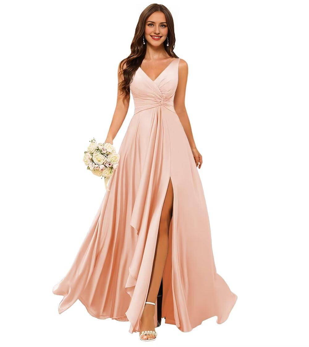 Wholesale Stylefun Double V Neck Satin Bridesmaid Dresses for Women Long Ruffled Split A-line Formal Party Dresses prom dresses shops