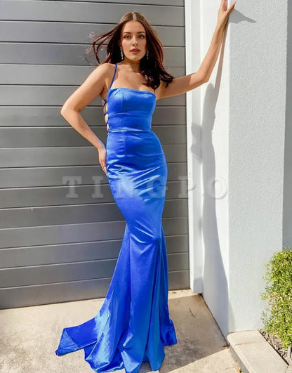 Wholesale Bodycon Long Spaghetti Straps Backless Blue Dress Prom Dress prom dress in store