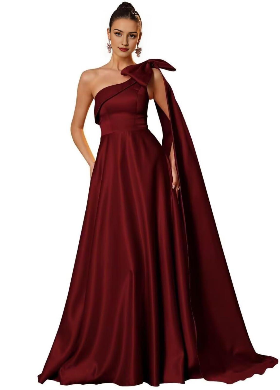 Wholesale One Shoulder Satin Prom Dresses with Bow Satin Bridesmiad Dress Split Long Formal Evening Gown